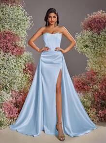 Glamrae Elegant Romantic Sexy Satin Strapless Backless High Slit Fishtail Formal Evening Gown, Party Dress, For Wedding Guest