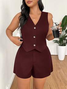 SHEIN EZwear Conjunto de chaleco y pantalones cortos de talla grande de unicolor para uso casual y de viaje, para primavera/verano