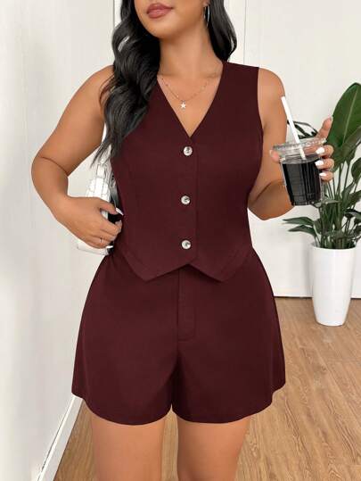 SHEIN EZwear Conjunto de Colete e Shorts Casuais de Cor Sólida Plus Size para Primavera/Verão, Casual Empresarial para Mulheres, Formatura, Volta às Aulas, Roupas de Professora para Outono/Inverno