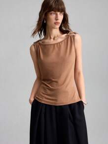 Ontre Women's Elegant Coffee Brown Lyocell Sleeveless Top,Summer Date Night Backless Urban Style Flap Collar Metal Decor Music Festival 2025 New Style - Brown - View 7