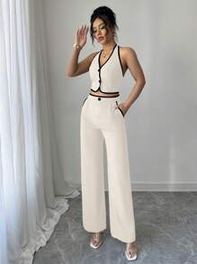 Set de 2 piezas de top sin mangas y pantalones lisos para uso diario de mujeres - Albaricoque - Ver 3