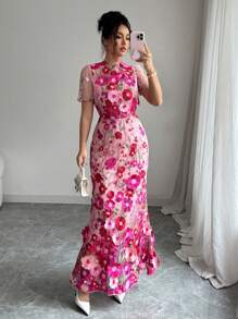 Selianne 女士度假短袖花卉刺绣连衣裙