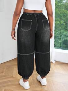 Slaydiva Vintage American Style Distressed High Waist Multi-Pocket Jeans - Black - View 2