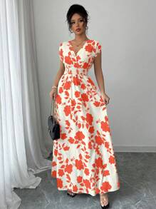 Elenzga Robe de vacances longue et élégante avec imprimé floral et lien à la taille pour femme - Multicolore - Voir 6