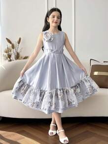 Tween Girls' Elegant & Comfortable Round Neck Sleeveless Woven Princess Dress - Blue - View 4