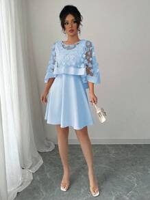 Elenzga Women's Round Neck Solid Color Elegant Chiffon Dress With Shawl - Blue - View 5