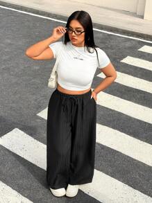 SHEIN EZwear Set de 2 pantalones para mujer talla grande, blanco y negro