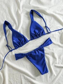 SHEIN Swim Bộ bikini màu trơn dành cho nữ với áo ngực và đồ bơi cho kỳ nghỉ - Xanh đậm - Xem 2