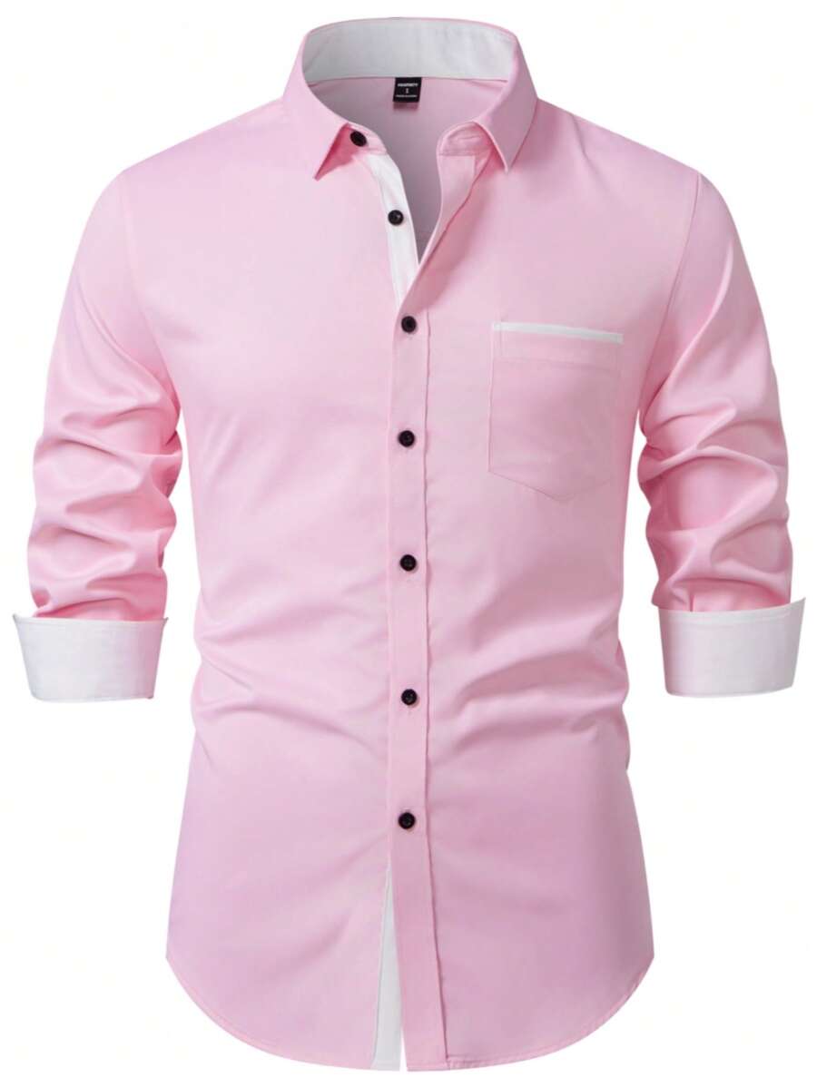 Calvornis Men's Casual Commuting Colorblock Patchwork Long Sleeve Shirt, For Fall - Pink - View 1