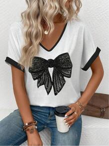 INAWLY Damen Sommer V-Ausschnitt Farbblock Schleife Muster Kurzarm T-Shirt