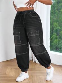 Slaydiva Vintage American Style Distressed High Waist Multi-Pocket Jeans - Black - View 1