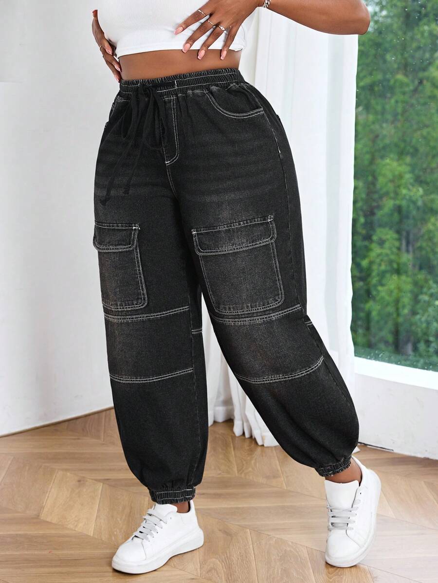 Slaydiva Vintage American Style Distressed High Waist Multi-Pocket Jeans - Black - View 1