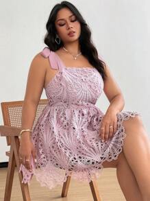 Flirla Vestido elegante y romántico de encaje con lazo y calado para tallas grandes - Rosa - Ver 2