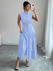 Women's Single-Breasted Sleeveless Shirt Dress With Ruffled Hem In Solid Color - Pearl White - View 7