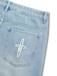 Manfinity Hypemode 男士休闲水洗做旧牛仔短裤 - 淺色水洗藍 - 查看 5