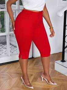 SHEIN SXY Jeans de talla grande de unicolor con bolsillo con abertura y longitud 7/8