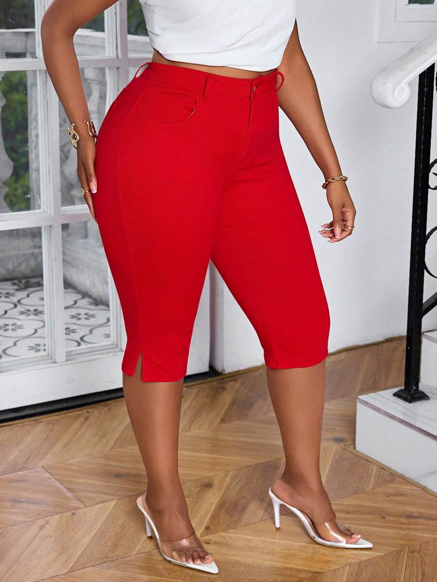 SHEIN SXY Jeans de talla grande de unicolor con bolsillo con abertura y longitud 7/8