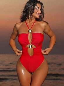 Swim SXY 女士连体泳衣，纯色交叉露背比基尼，性感欧美风 - 紅色 - 查看 1