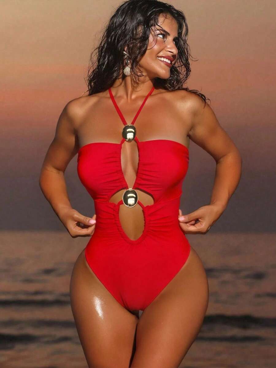 Swim SXY 女士连体泳衣，纯色交叉露背比基尼，性感欧美风 - 紅色 - 查看 1