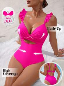 Swim DD+ 女士时尚纯色 DD 罩杯性感交叉前带飞边文胸，夏季 - 玫紅色 - 查看 2