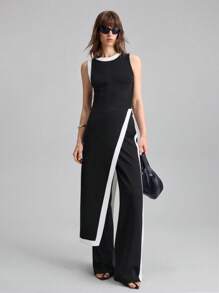 Ontre Traje feminino para festivais de música, concertos e festivais de música country - Calças largas de malha com patchwork preto e branco estilo urbano, roupa casual de verão, nova coleção 2025 - Preto e Branco - Ver 7