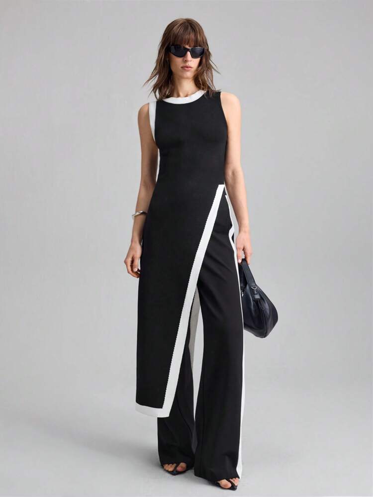 Female Music Festival Concert Urban Chic Black & White Patchwork Knitted Wide-Leg Pants,Summer Casual Wear Office New Collection 2025 Country Attire