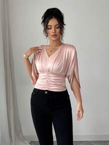 Elenzga Women's Asymmetrical Slit Sleeve Pleated Satin Blouse - Champagne - View 4
