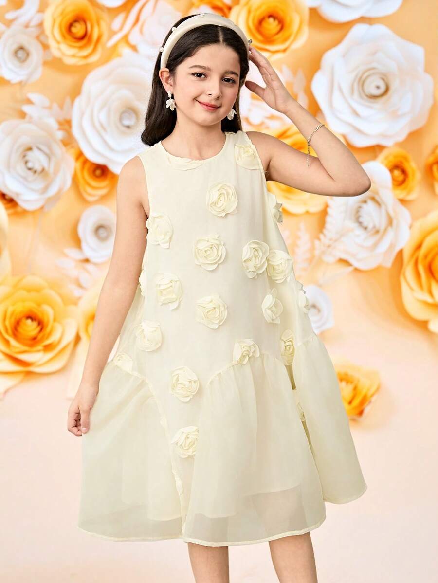 Elegantes ärmelloses Kleid mit 3D-Blumenmuster aus Organza-Patchwork in A-Linie für Tween-Mädchen - Aprikosenfarben - Übersicht 1