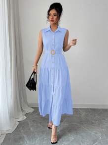 Women's Single-Breasted Sleeveless Shirt Dress With Ruffled Hem In Solid Color - Pearl White - View 4