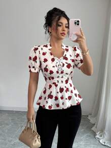 Elenzga Blusa de manga corta elegante con estampado de rosas, cuello con adorno de encaje, para uso diario y para ir al trabajo - Multicolor - Ver 3
