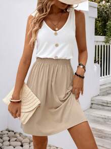 SHEIN Tall Summer Casual Color Blocking Button Decorated Waist Wrap Dress