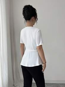 Elenzga 女式夏季休闲/工作纯色裹身不对称下摆衬衫 - 白色 - 查看 2