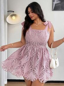 Flirla Vestido elegante y romántico de encaje con lazo y calado para tallas grandes - Rosa - Ver 6