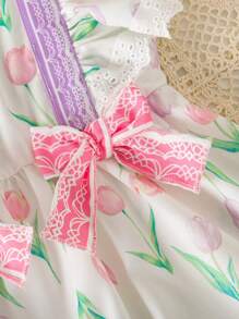 年轻女孩可爱郁金香印花盖袖蝴蝶结装饰蓬松连衣裙，碎花公主裙，春夏新品