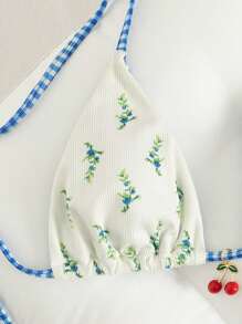 SHEIN Swim 2件套夏日假期女神核心早午餐全身印花蓝色格子碎花双面比基尼套装 - 藍色 - 查看 7