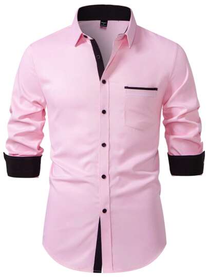 Manfinity Mode Men's Casual Commuter Color Block Long Sleeve Shirt, Pink Shirt Men, Men's Pink Dress Shirt, Dress Shirt Pink, For Fall