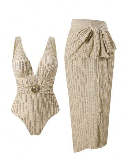 Swim Oasis 2pcs/Set 2025 New Textured Fabric Women Swimsuit, V-Neck Sleeveless Backless One-Piece Swimsuit And High Split Bowknot Strap Beach Vacation Swimwear For Summer