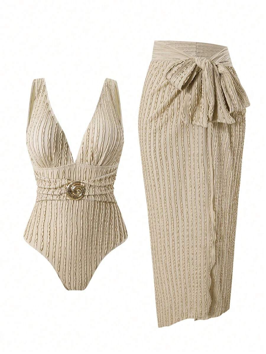 Swim Oasis 2pcs/Set 2025 New Textured Fabric Women Swimsuit, V-Neck Sleeveless Backless One-Piece Swimsuit And High Split Bowknot Strap Beach Vacation Swimwear For Summer - Khaki - View 1
