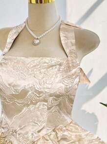 Chiquease Đầm ngắn hở lưng 3D Jacquard trơn màu thanh lịch - Màu be - Xem 6