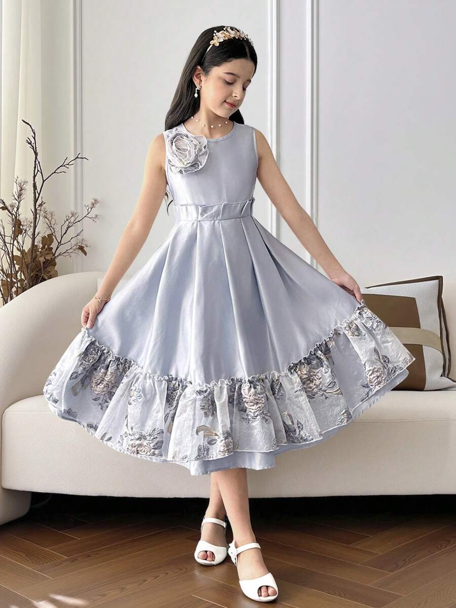 Tween Girls' Elegant & Comfortable Round Neck Sleeveless Woven Princess Dress - Blue - View 1