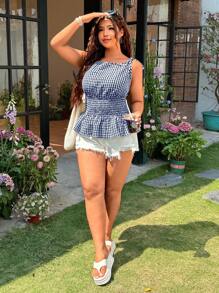 SHEIN EZwear Plus Size Women Boho Blue Blouse, Fashionable For Summer - Blue - View 4