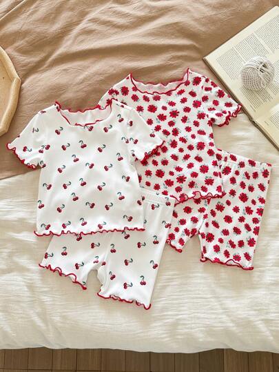 SHEIN LMoss Kids Set de 4 piezas con blusa de manga corta de cuello redondo con volantes y estampado floral, y pantalones cortos para niña bebé, pijama casual y cómodo de verano