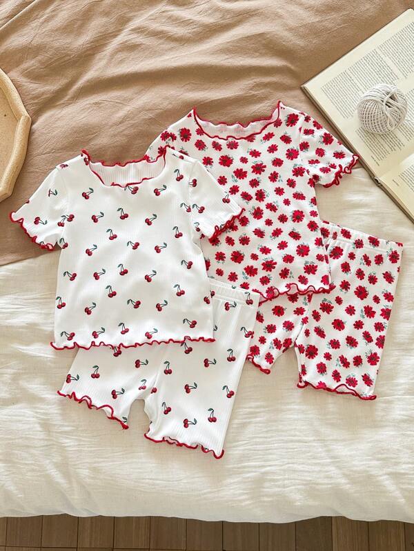 SHEIN LMoss Kids Set da 4 pezzi con top a maniche corte con collo arrotondato e volant a motivo floreale abbinato a pantaloncini, pigiama estivo casual e comodo per bimba