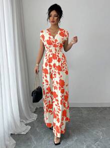 Elenzga Robe de vacances longue et élégante avec imprimé floral et lien à la taille pour femme - Multicolore - Voir 3