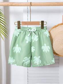 SHEIN Toddler Boys' Green Sea Turtle Print Cute Beach Swim Trunks Summer Holiday