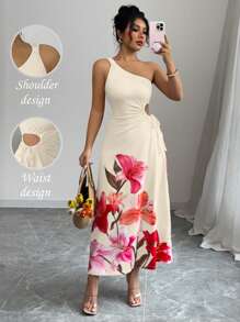 Elenzga 女士时尚度假单肩无袖收腰镂空设计百合花印花连衣裙，春夏