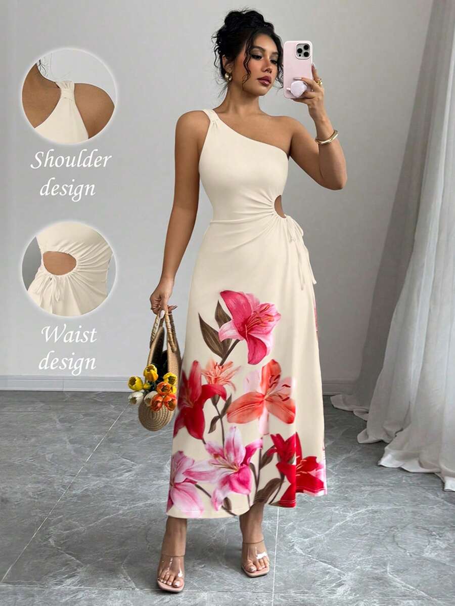 Elenzga 女士时尚度假单肩无袖收腰镂空设计百合花印花连衣裙，春夏