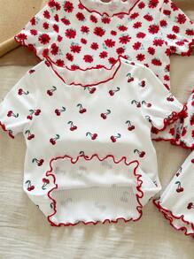 SHEIN LMoss Kids 4pcs/Set Cute Floral Graphic Pattern Ruffle Round Neck Short Sleeve Top & Shorts, Baby Girl Casual Comfy Sleepwear Set, Summer Cartoon - Red and White - View 4