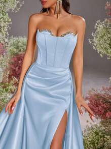 Glamrae Elegant Romantic Sexy Satin Strapless Backless High Slit Fishtail Formal Evening Gown, Party Dress, For Wedding Guest