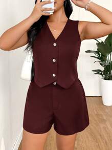 SHEIN EZwear Conjunto de chaleco y pantalones cortos de talla grande de unicolor para uso casual y de viaje, para primavera/verano
